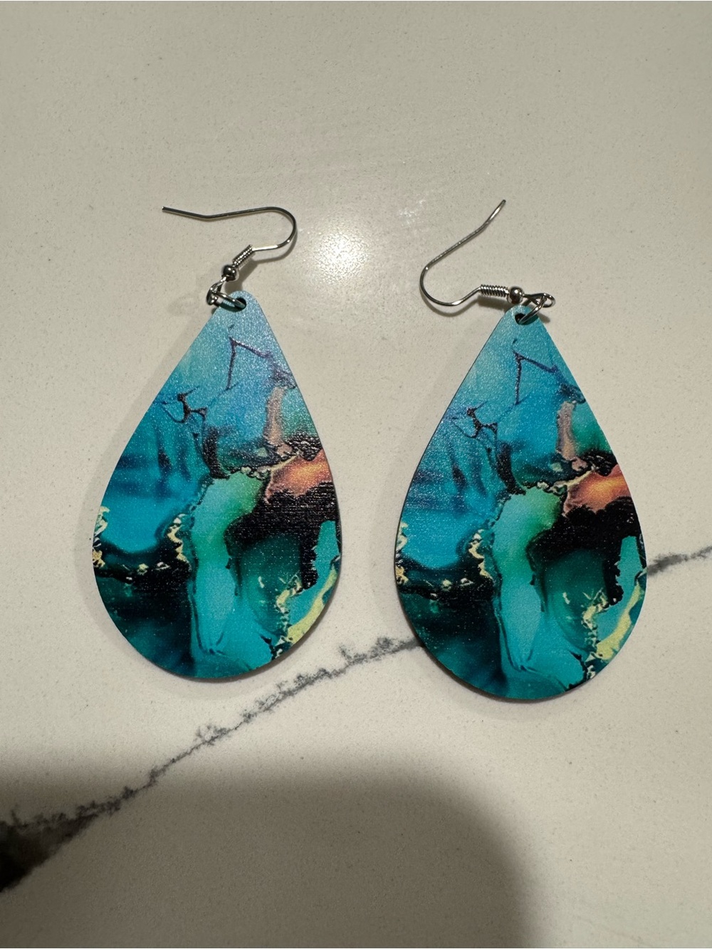 Teardrop Marble Print Dangle Earrings - Turquoise & Black